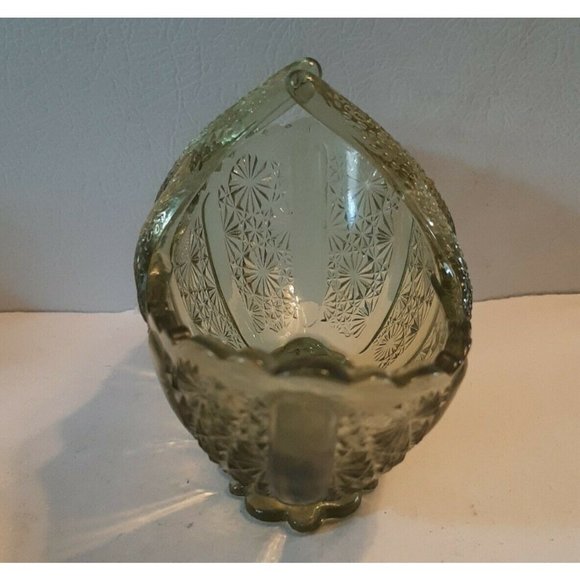 Fenton Green Glass Daisy and Button Oval Basket Split Twig Handle - Picture 5 of 11